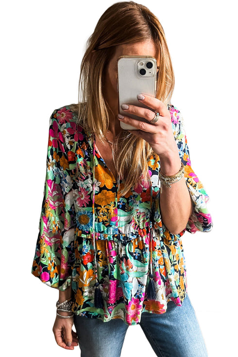 Boho Floral Print Split Neck Tassel Blouse