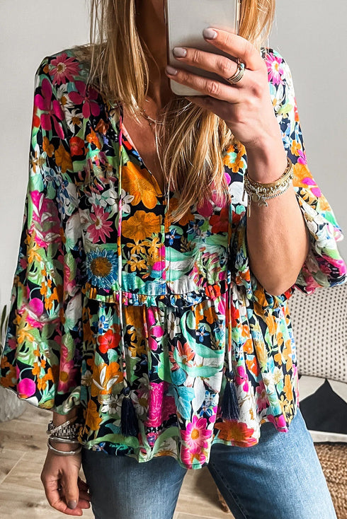 Boho Floral Print Split Neck Tassel Blouse