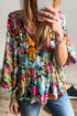 Boho Floral Print Split Neck Tassel Blouse