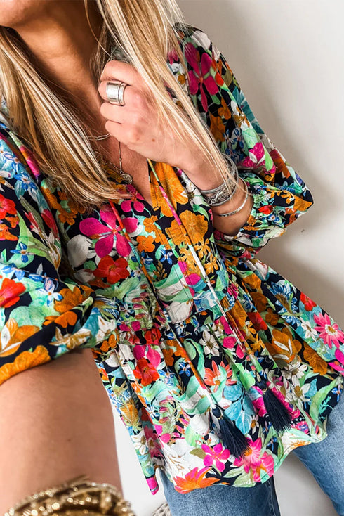 Boho Floral Print Split Neck Tassel Blouse