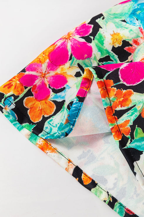 Boho Floral Print Split Neck Tassel Blouse