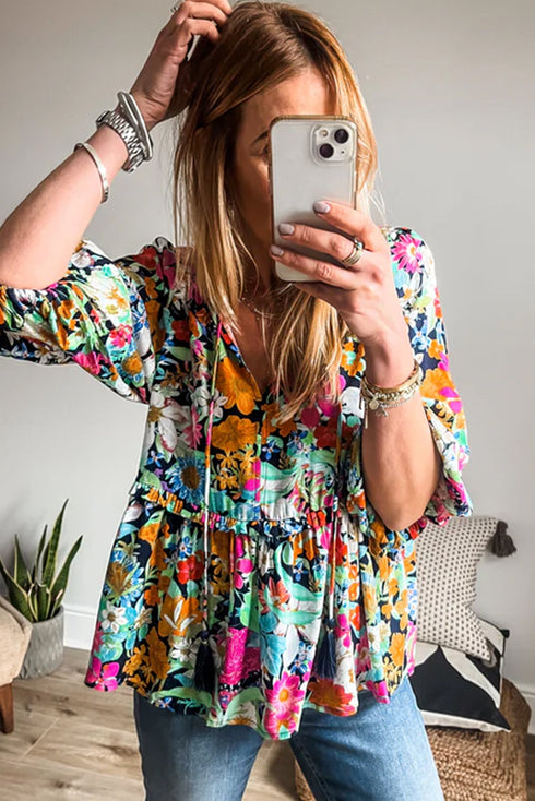 Boho Floral Print Split Neck Tassel Blouse