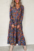 Boho Floral Print V Neck Tassel Tie Long Sleeve Tiered Maxi Dress