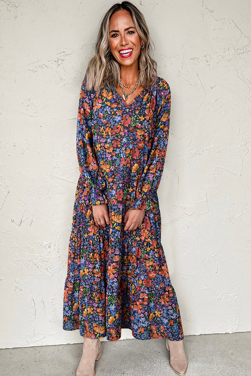 Boho Floral Print V Neck Tassel Tie Long Sleeve Tiered Maxi Dress