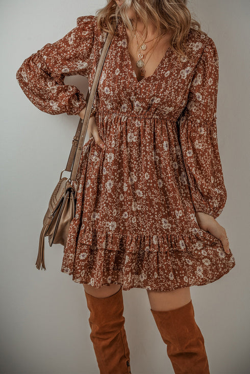 Boho Floral Ruffled Puff Sleeve V Neck Mini Floral Dresses