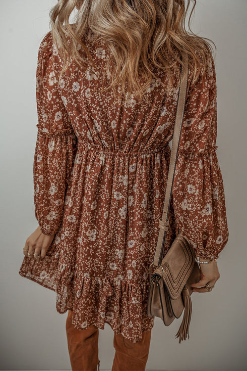 Boho Floral Ruffled Puff Sleeve V Neck Mini Floral Dresses