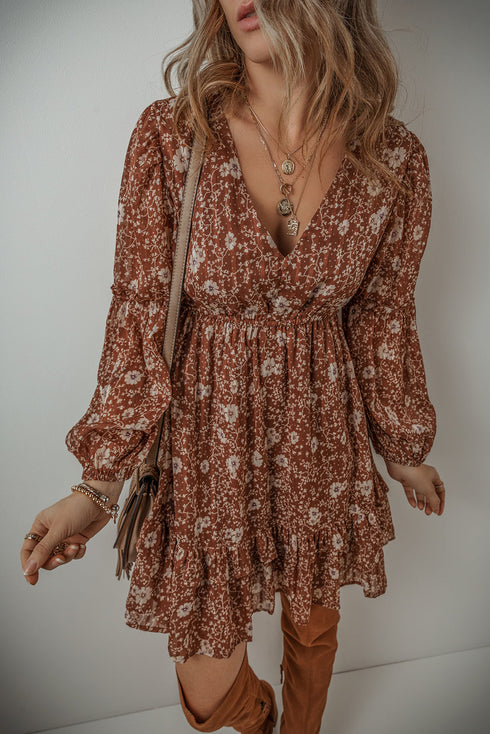 Boho Floral Ruffled Puff Sleeve V Neck Mini Floral Dresses