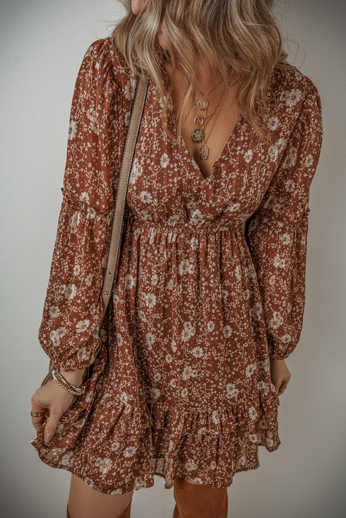 Boho Floral Ruffled Puff Sleeve V Neck Mini Floral Dresses