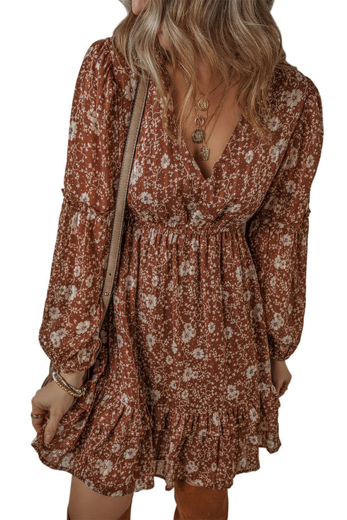 Boho Floral Ruffled Puff Sleeve V Neck Mini Floral Dresses