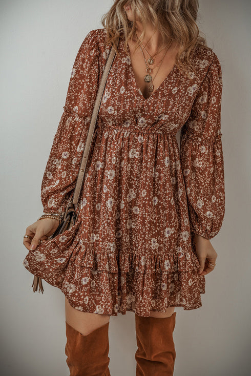 Boho Floral Ruffled Puff Sleeve V Neck Mini Floral Dresses