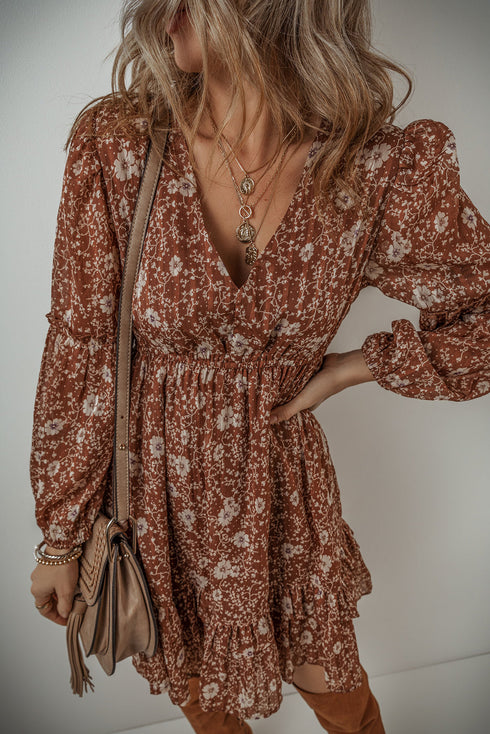 Boho Floral Ruffled Puff Sleeve V Neck Mini Floral Dresses