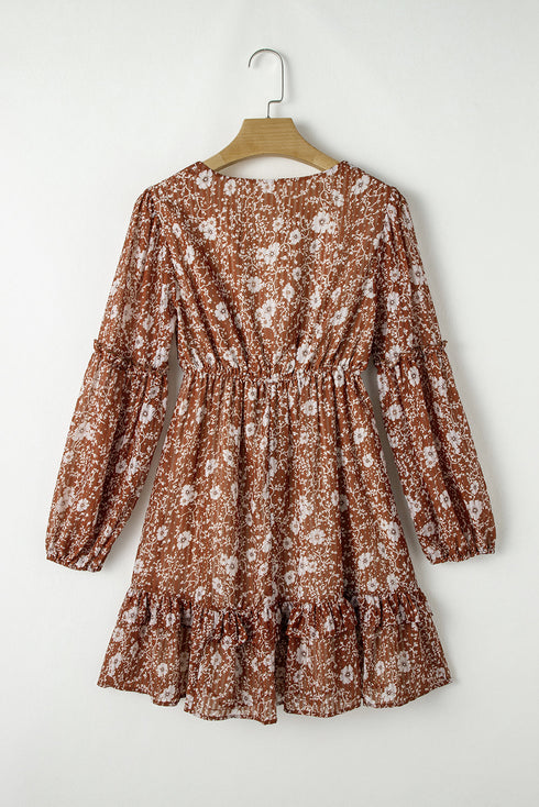 Boho Floral Ruffled Puff Sleeve V Neck Mini Floral Dresses