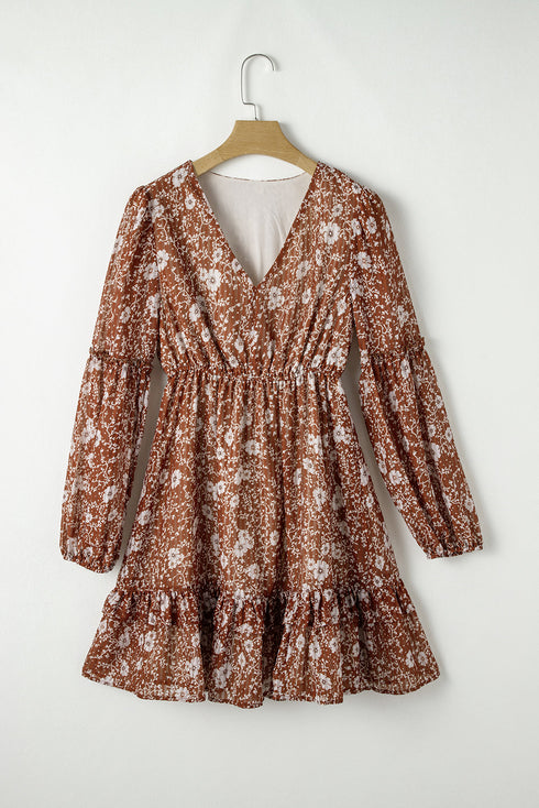 Boho Floral Ruffled Puff Sleeve V Neck Mini Floral Dresses