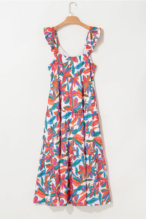 Boho Floral Ruffled Strap V Neck Maxi Dress