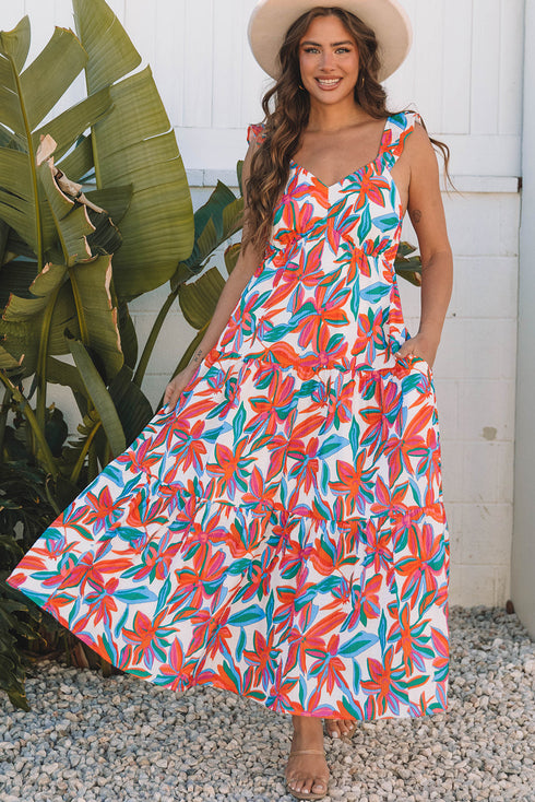 Boho Floral Ruffled Strap V Neck Maxi Dress