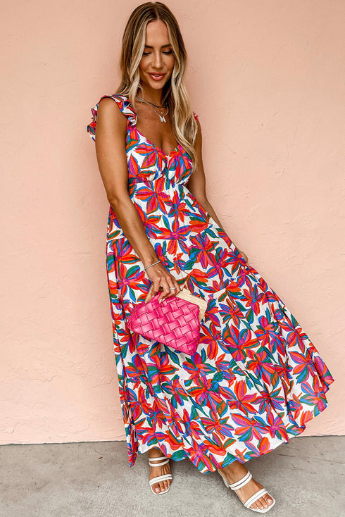 Boho Floral Ruffled Strap V Neck Maxi Dress