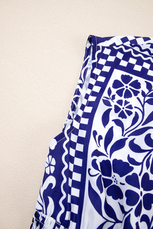 Boho Floral Shirred Waist V Neck Midi Dress