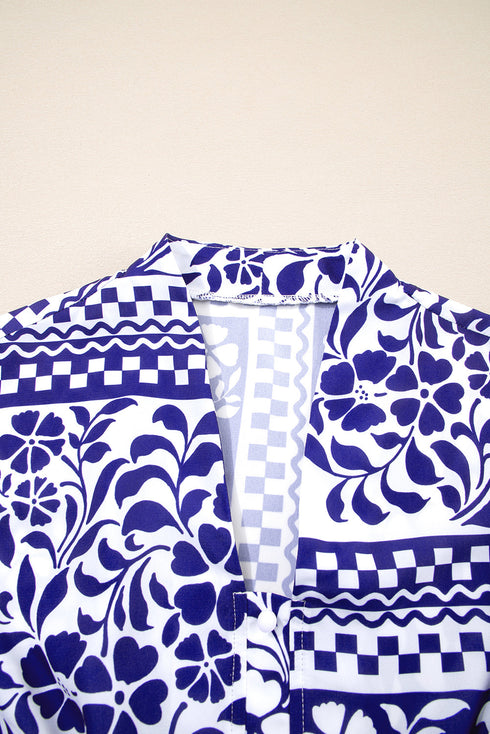 Boho Floral Shirred Waist V Neck Midi Dress