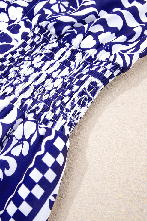 Boho Floral Shirred Waist V Neck Midi Dress