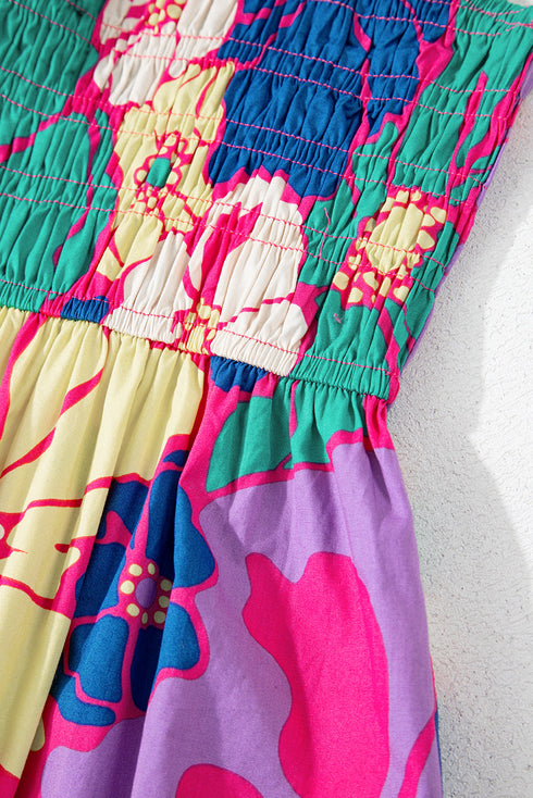 Boho Floral Smocked Spaghetti Strap Maxi Dress