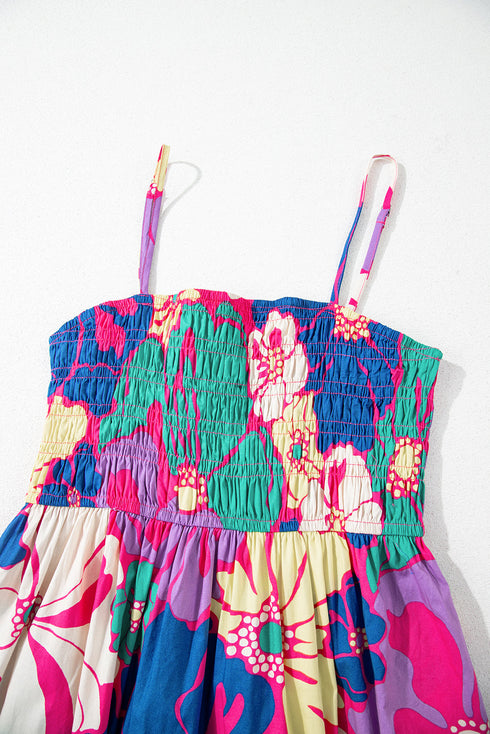 Boho Floral Smocked Spaghetti Strap Maxi Dress