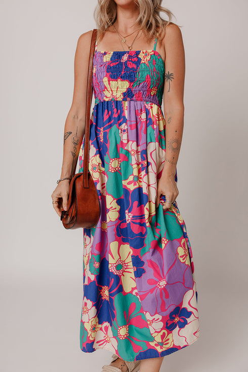 Boho Floral Smocked Spaghetti Strap Maxi Dress