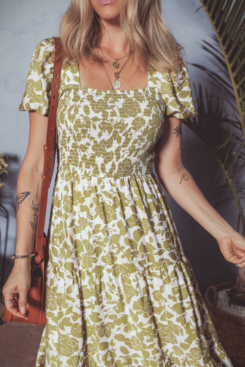 Boho Floral Square Neck Smocked Bust Puff Sleeve Tie Long Dress