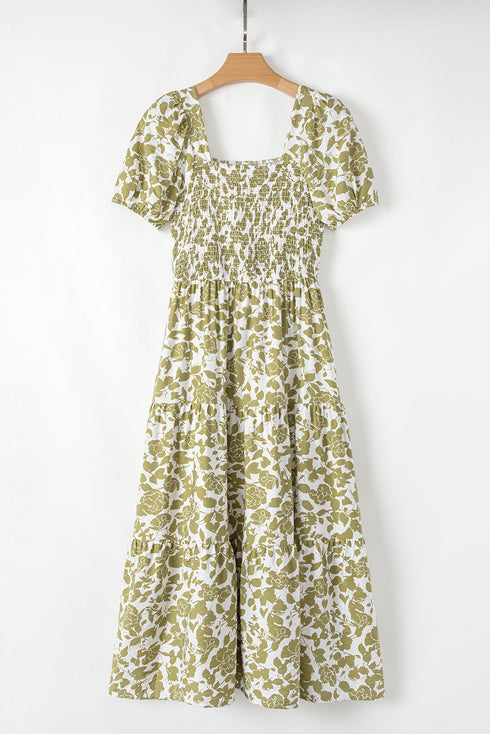 Boho Floral Square Neck Smocked Bust Puff Sleeve Tie Long Dress