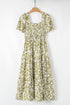 Boho Floral Square Neck Smocked Bust Puff Sleeve Tie Long Dress