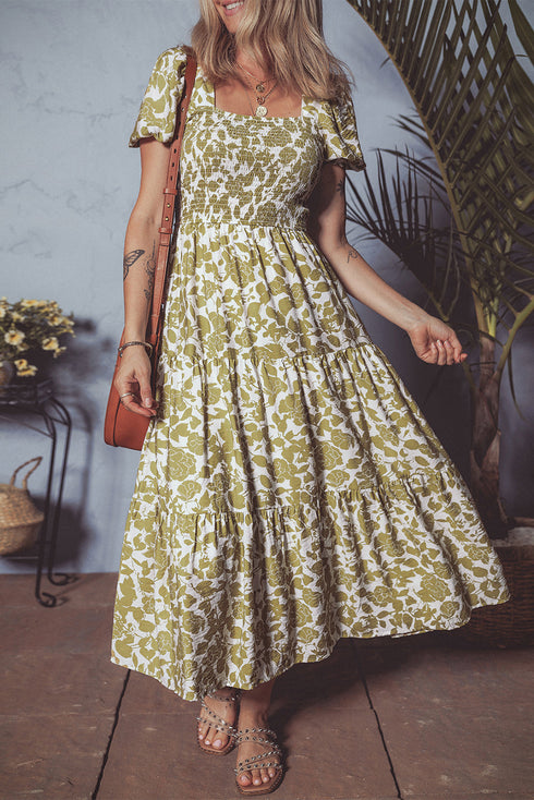 Boho Floral Square Neck Smocked Bust Puff Sleeve Tie Long Dress