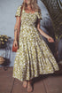 Boho Floral Square Neck Smocked Bust Puff Sleeve Tie Long Dress