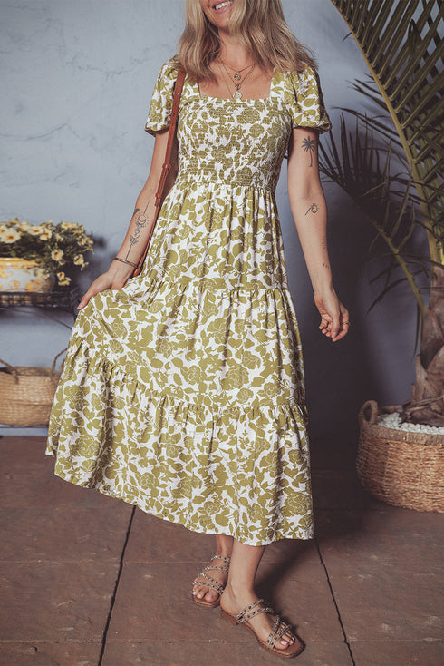 Boho Floral Square Neck Smocked Bust Puff Sleeve Tie Long Dress