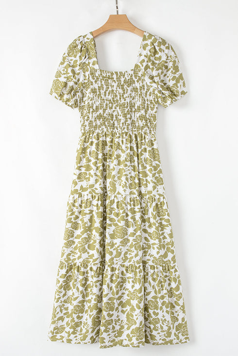 Boho Floral Square Neck Smocked Bust Puff Sleeve Tie Long Dress