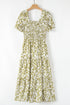 Boho Floral Square Neck Smocked Bust Puff Sleeve Tie Long Dress
