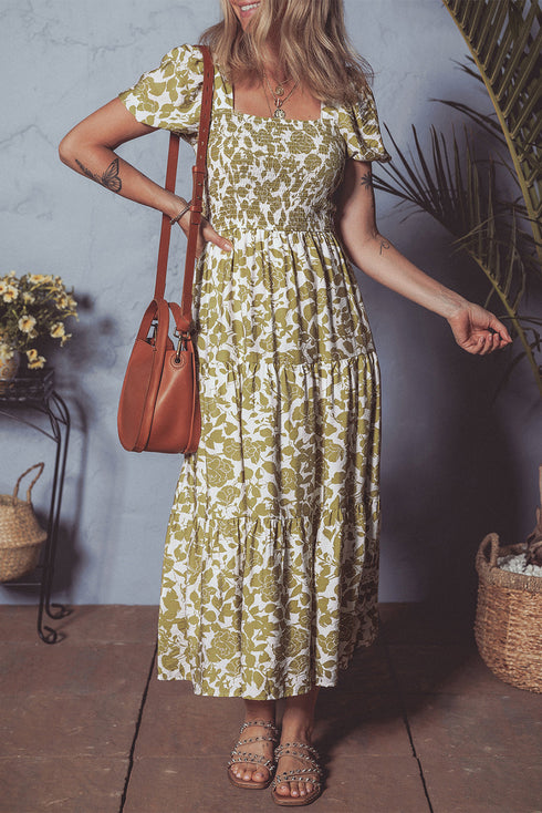Boho Floral Square Neck Smocked Bust Puff Sleeve Tie Long Dress