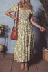 Boho Floral Square Neck Smocked Bust Puff Sleeve Tie Long Dress