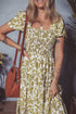 Boho Floral Square Neck Smocked Bust Puff Sleeve Tie Long Dress
