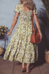 Boho Floral Square Neck Smocked Bust Puff Sleeve Tie Long Dress