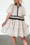 Boho Floral Striped Contrast Trim Bubble Sleeve Fla Dress