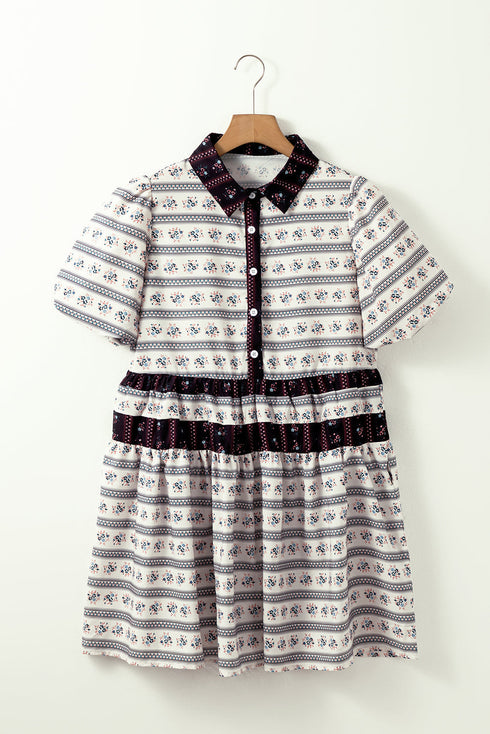 Boho Floral Striped Contrast Trim Bubble Sleeve Fla Dress