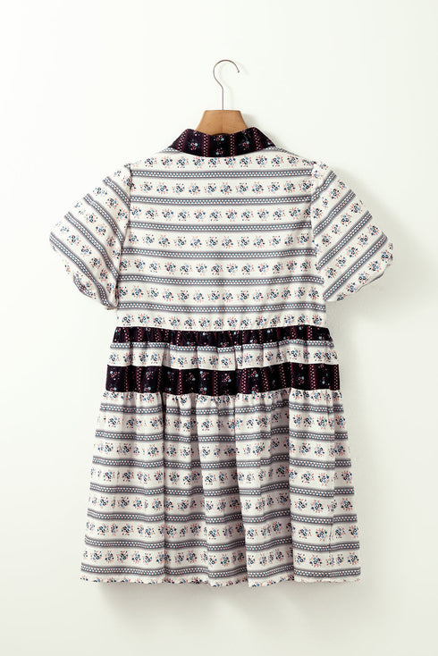 Boho Floral Striped Contrast Trim Bubble Sleeve Fla Dress