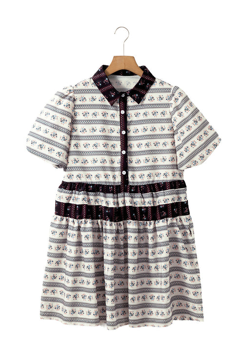 Boho Floral Striped Contrast Trim Bubble Sleeve Fla Dress