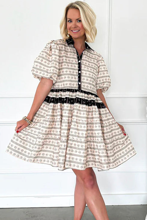 Boho Floral Striped Contrast Trim Bubble Sleeve Fla Dress