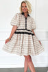 Boho Floral Striped Contrast Trim Bubble Sleeve Fla Dress