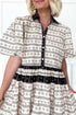 Boho Floral Striped Contrast Trim Bubble Sleeve Fla Dress