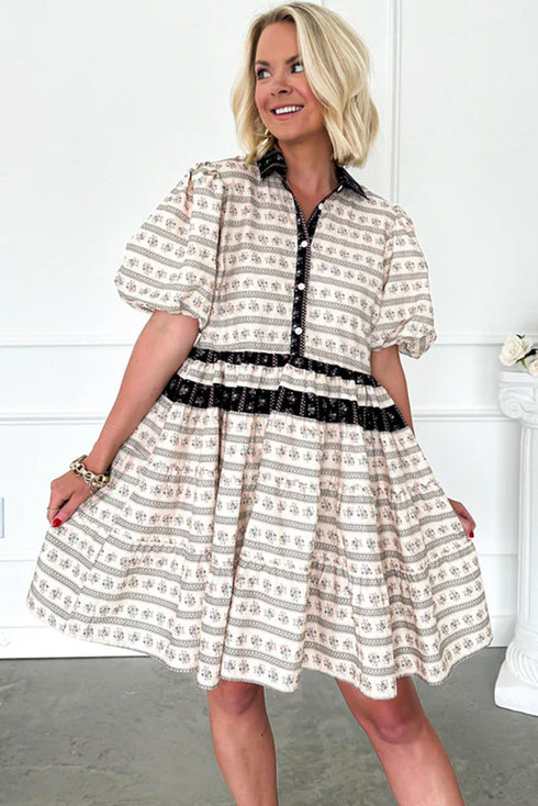 Boho Floral Striped Contrast Trim Bubble Sleeve Fla Dress