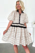 Boho Floral Striped Contrast Trim Bubble Sleeve Fla Dress