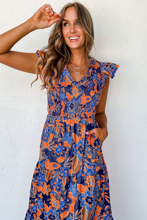 Boho Floral V Neck Ruffle Tiered Long Dress