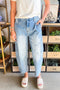 Boho Flower Patch Applique High Rise Barrel Leg Cropped Jeans