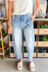Boho Flower Patch Applique High Rise Barrel Leg Cropped Jeans